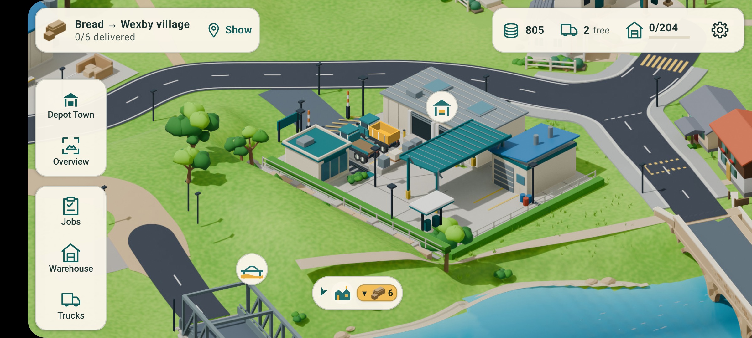 The Haul and Harvest depot beside the river, with two trucks ready to work.